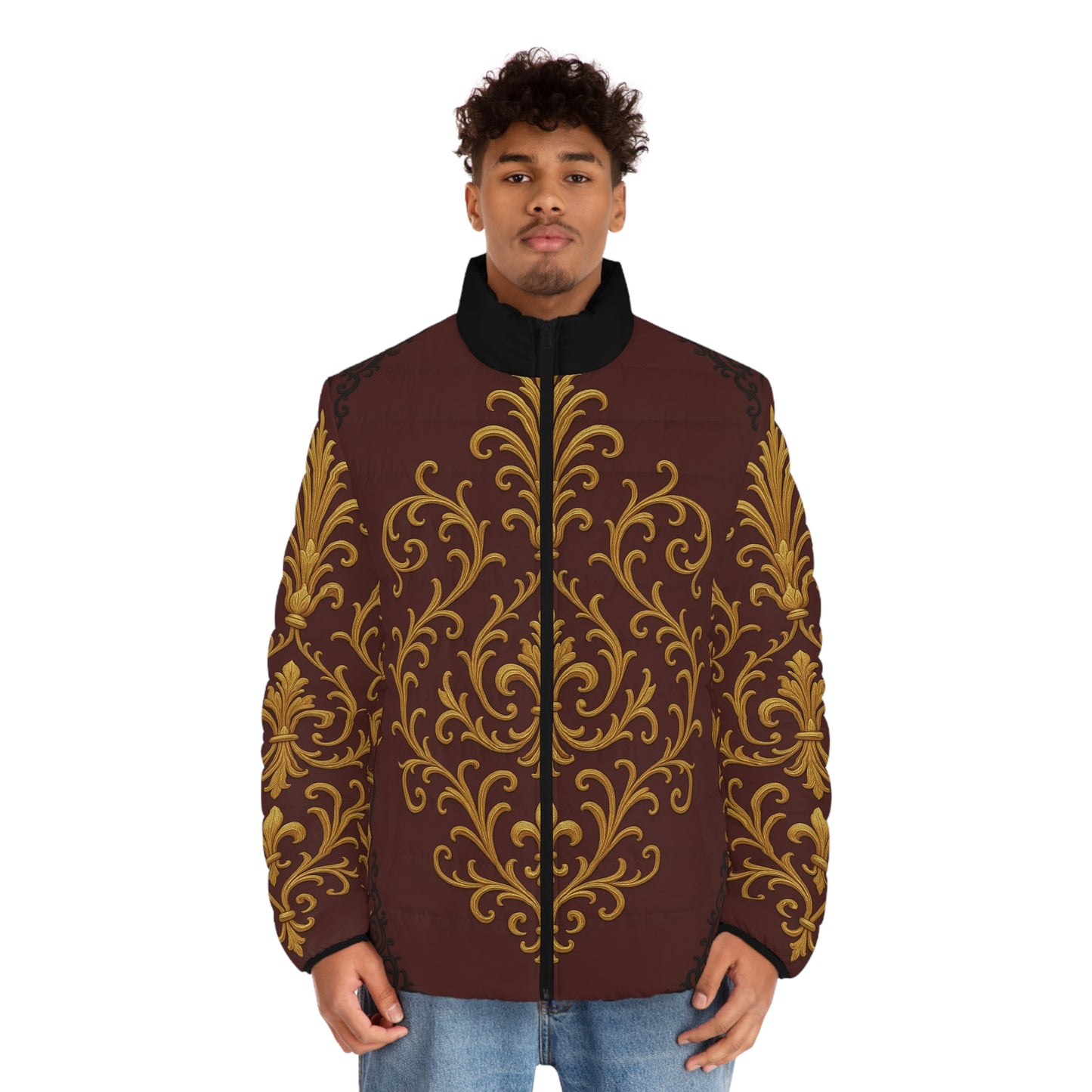Dusk Burgundy-Black & Gold Baroque Scroll Men's Puffer Jacket