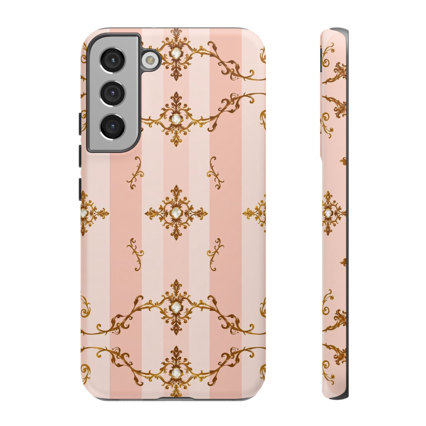 Elegant Floral Phone Case, Tough Cases for Women, Trendy Phone Cover, Chic Gift - Pink Jeweled Striped Gold Baroque