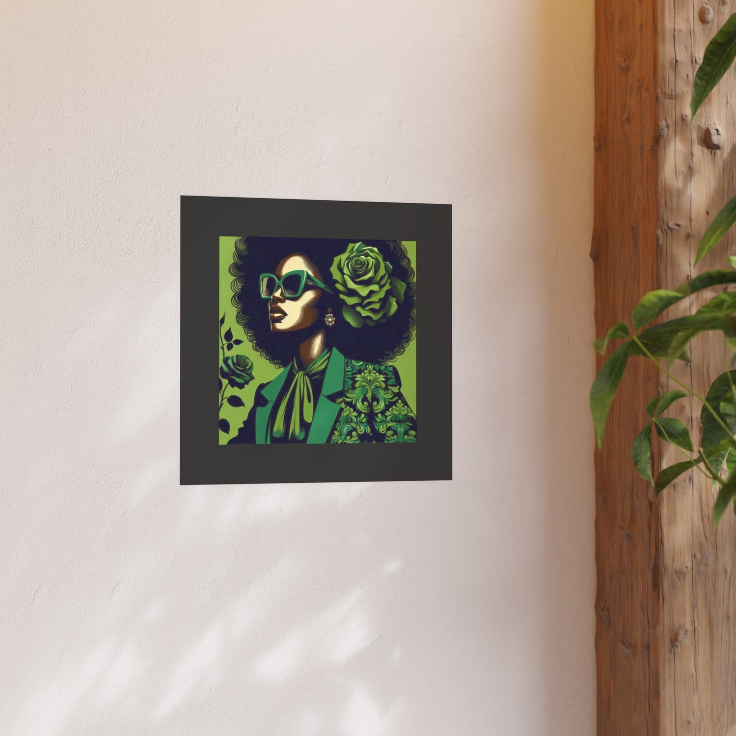 Chic Afrocentric Art Poster, Vibrant Wall Décor, Stylish Home Decoration, Damask Chic Art Print - Lady In Green Damask
