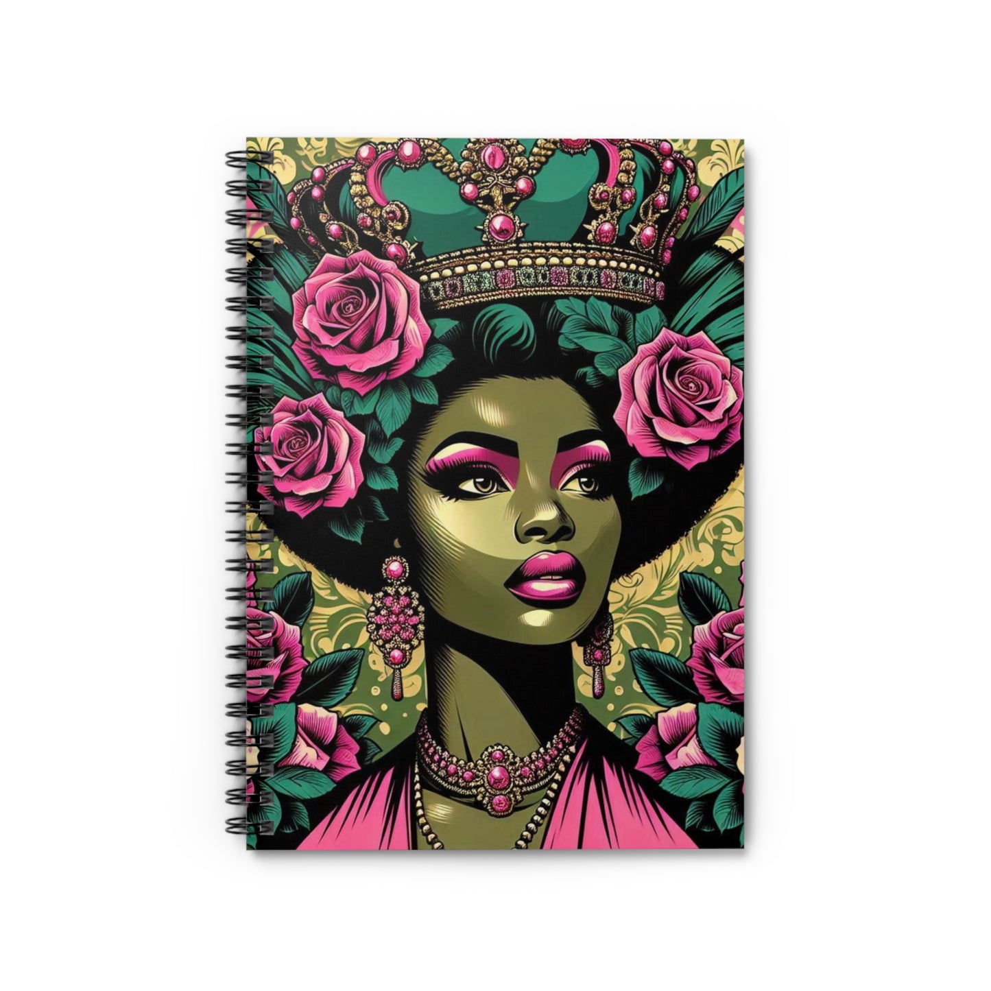 Elegant Vintage Spiral Notebook - Ruled Line with Olive Lady & Damask Design