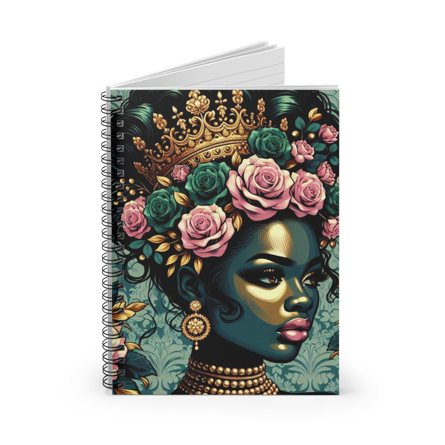 Elegant Vintage Spiral Notebook - Ruled Line with Teal Lady & Damask Design