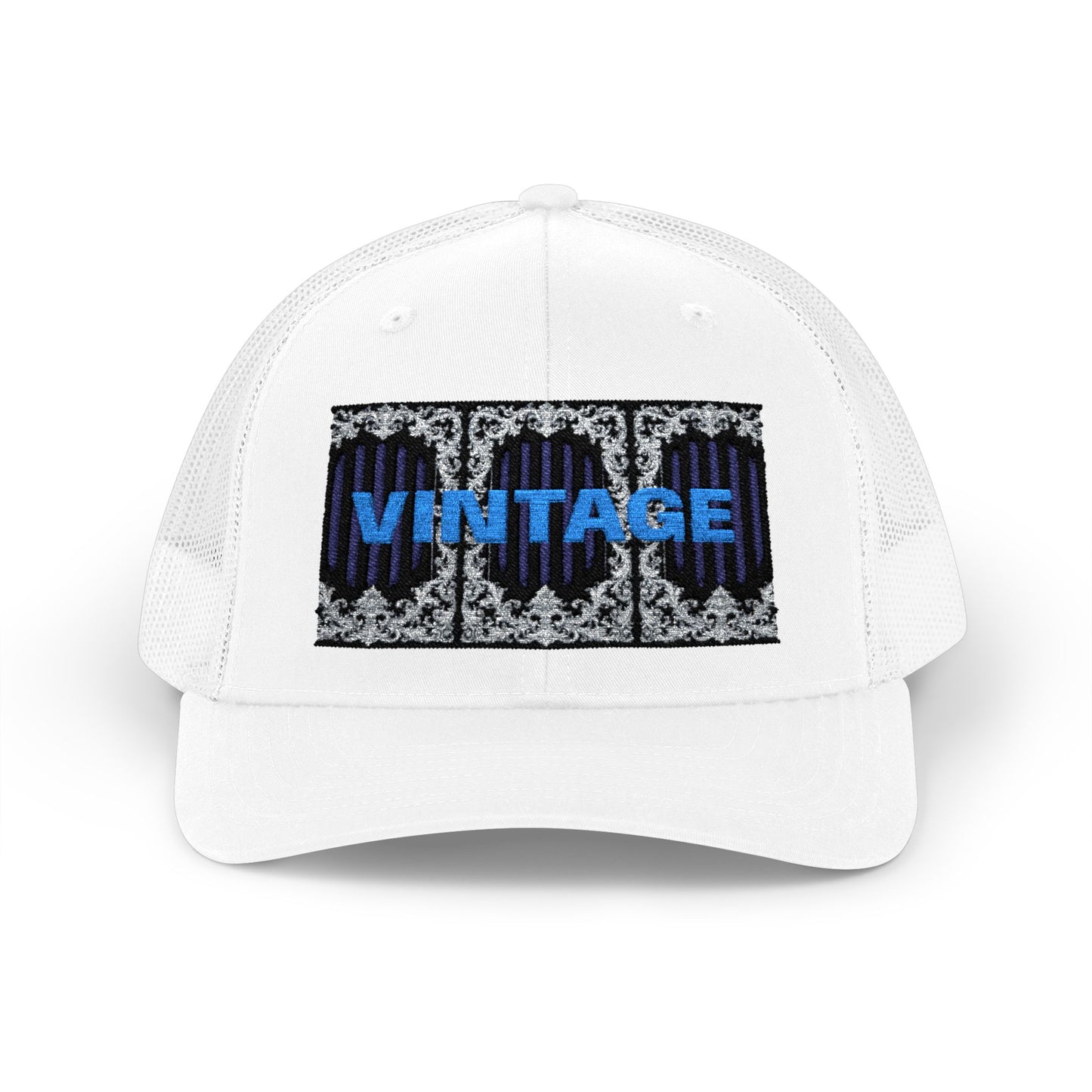 Vintage Navy Stripes & Baroque Trucker Cap — Retro 'VINTAGE' Embroidered Snapback