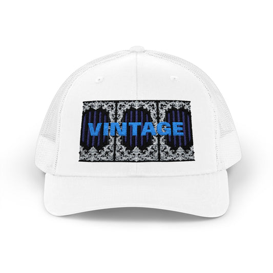 Vintage Navy Stripes & Baroque Trucker Cap — Retro 'VINTAGE' Embroidered Snapback