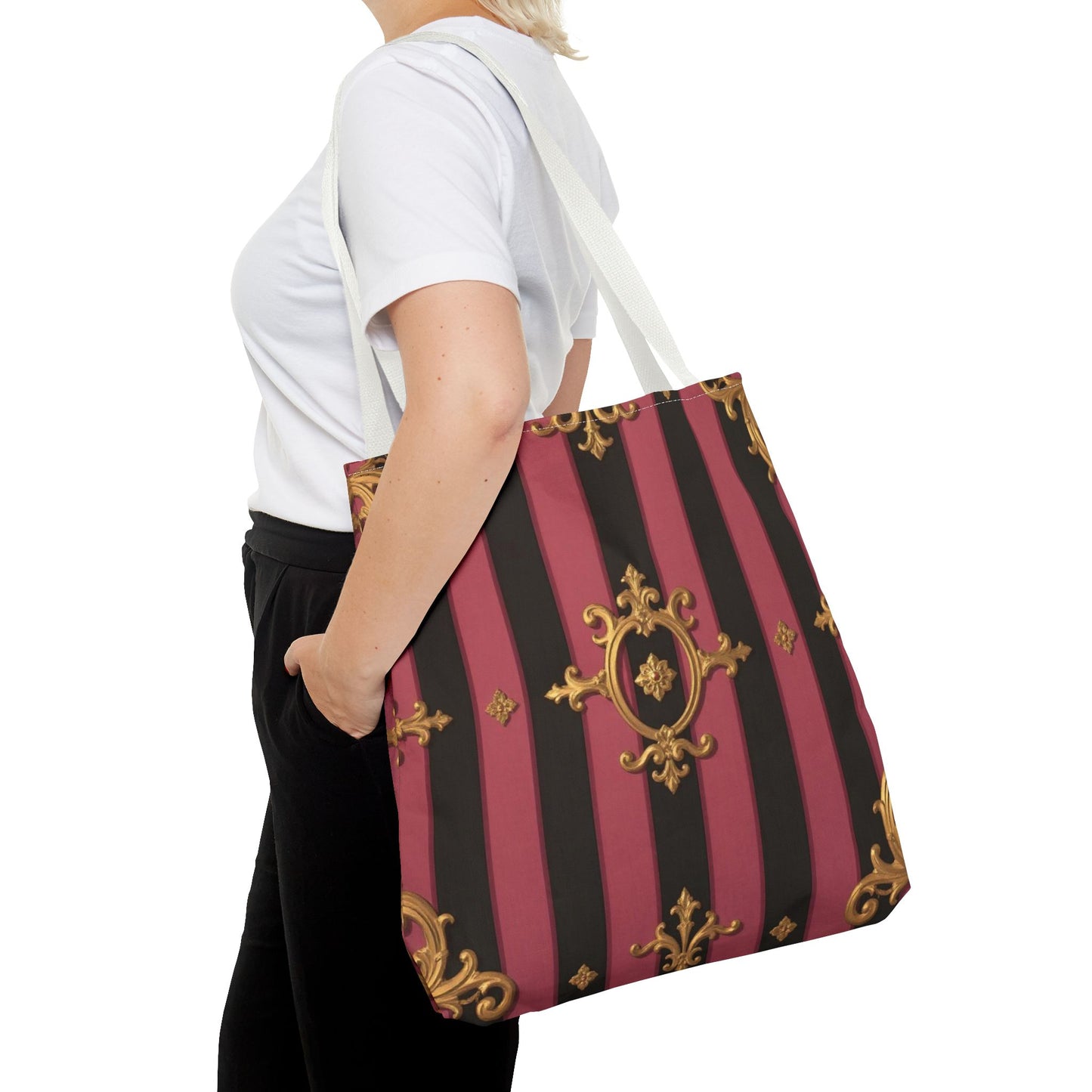 Elegant Black & Mauve Striped Gold Baroque Tote Bag - Chic Fashion Accessory, Shopping Companion, Decorative Carryall, Stylish Everyday Use