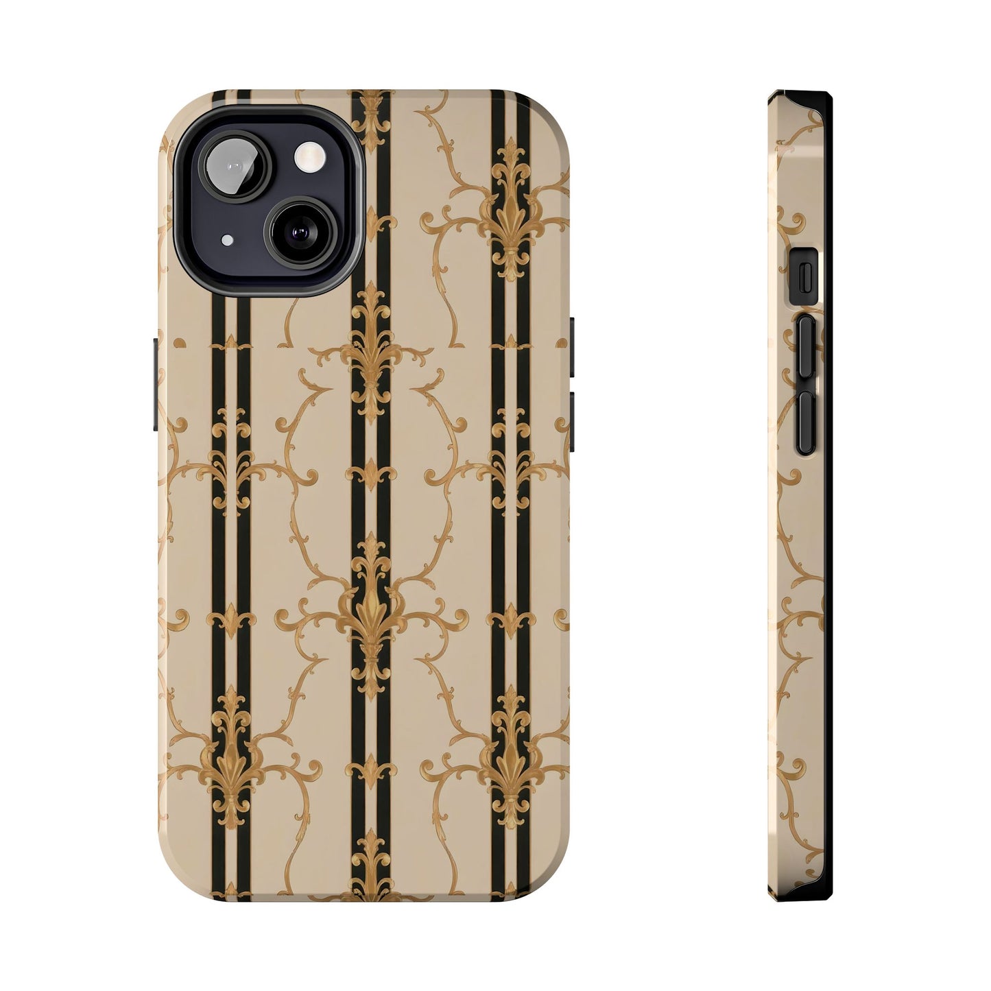 Elegantly Tough Phone Cases | Stylish Phone Covers, Durable Cases, Fashionable Accessories - Black & Beige Striped Damask