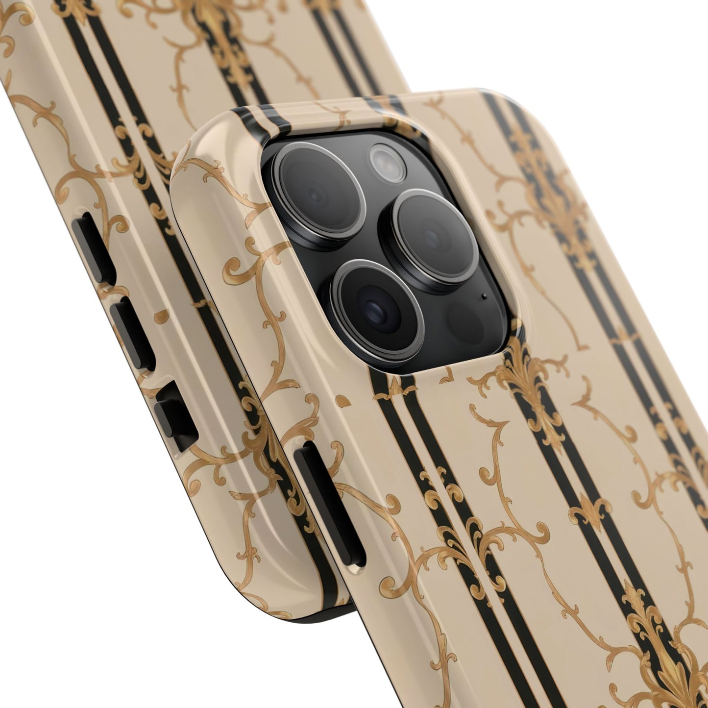 Elegantly Tough Phone Cases | Stylish Phone Covers, Durable Cases, Fashionable Accessories - Black & Beige Striped Damask