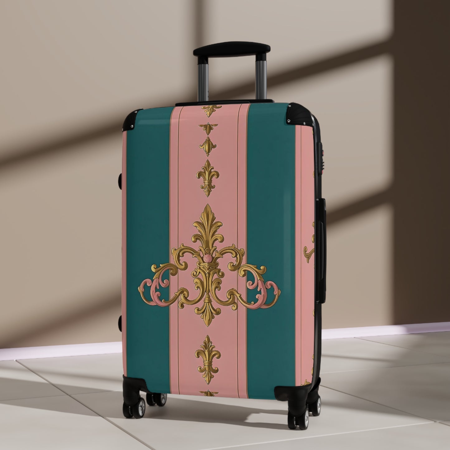 Chic Travel Suitcase, Elegant Luggage, Stylish Carry-On, Unique Glamour Bag, Trendy Vacation Case - Pink & Teal Striped Gold Baroque