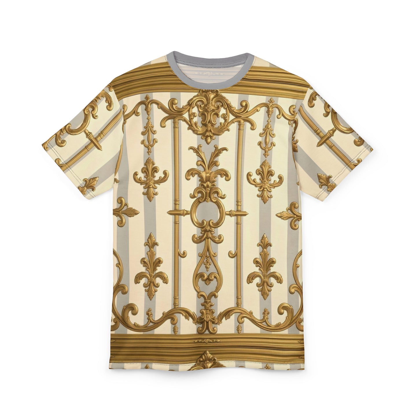 Elegant Gold Patterned Unisex Tee | Fashionable Summer Style, Trendy Gift, Unique Festival Wear - Matte Gray & Cream Striped Gold Baroque