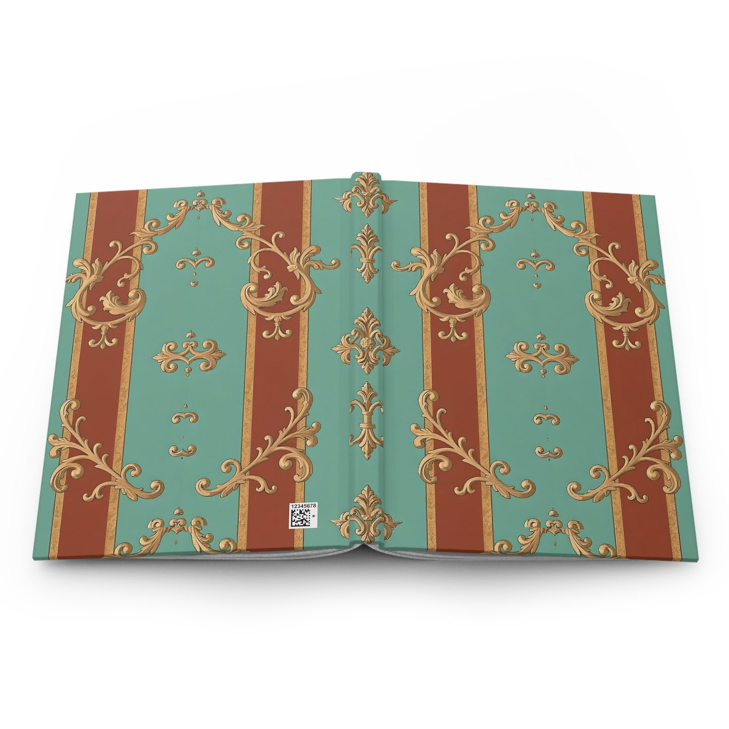 Elegant Vintage Hardcover Journal - Ornate Design for Note-Taking and Journaling - Rust & Mint Aqua Striped Baroque