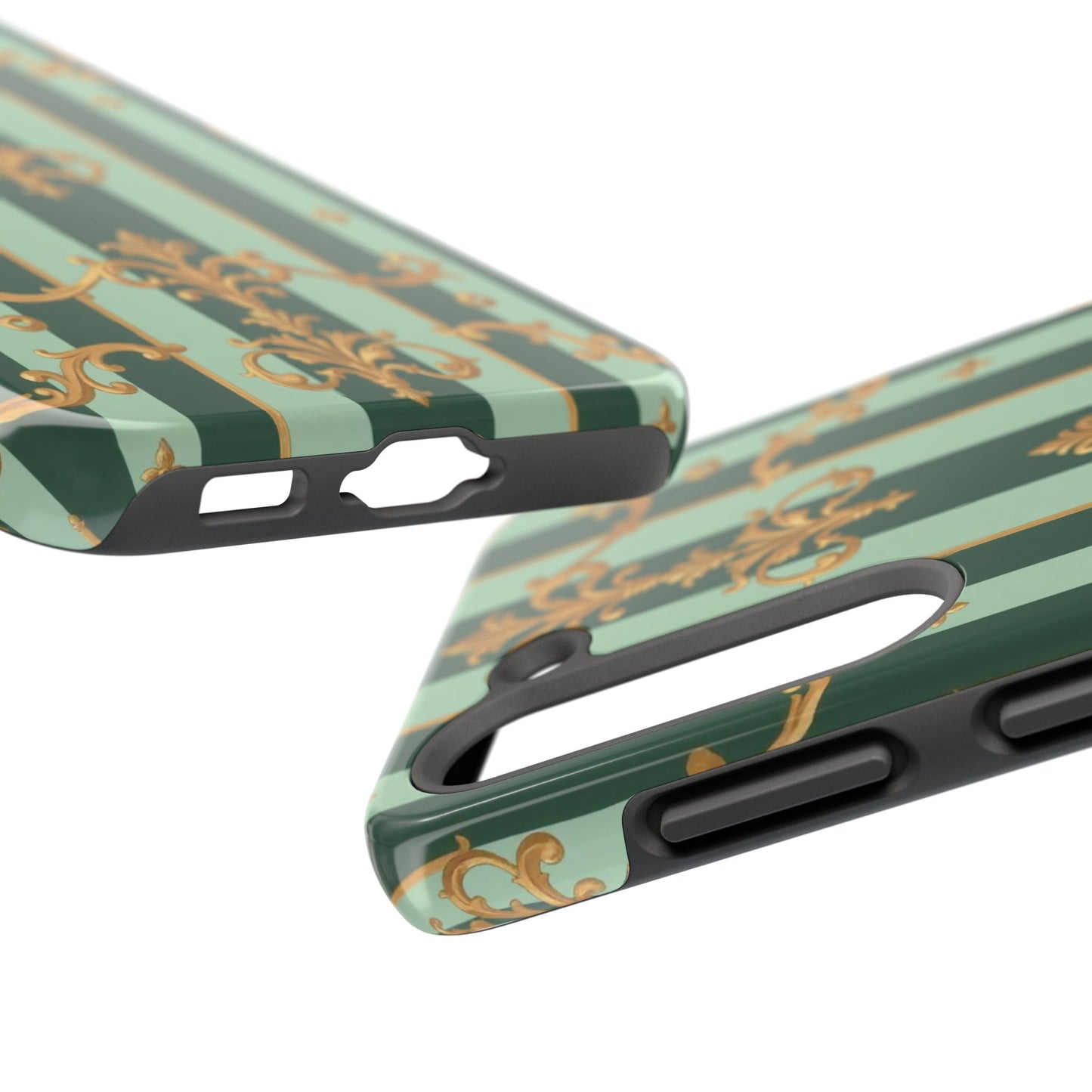 Elegant Floral Tough Phone Cases | Stylish Phone Protection, Gift for Her, Trendy Accessory, Unique Decor - Mint Green & Teal Striped Gold Baroque