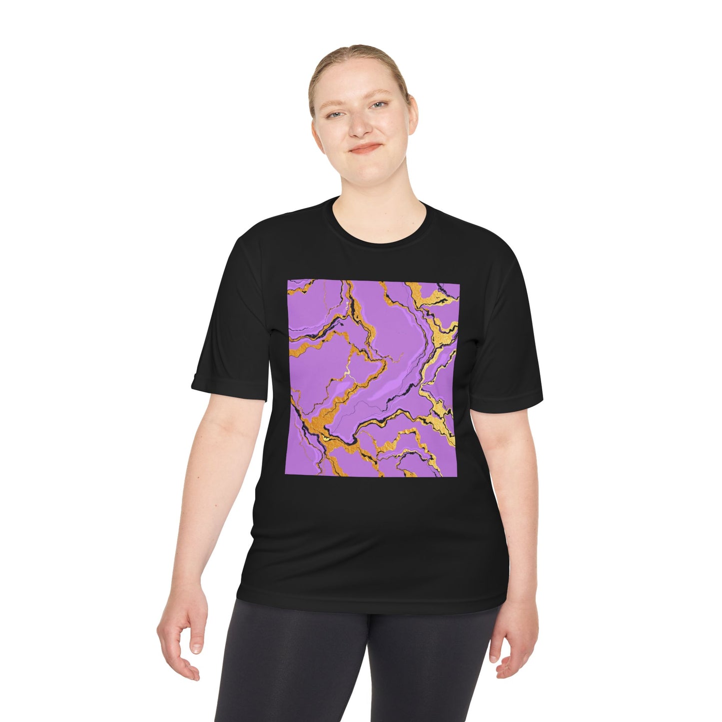 Unisex Moisture-Wicking Tee with Purple and Gold Marble Design - Athletic Shirt, Casual Wear, Fitness Apparel, Summer Style, Gift Idea