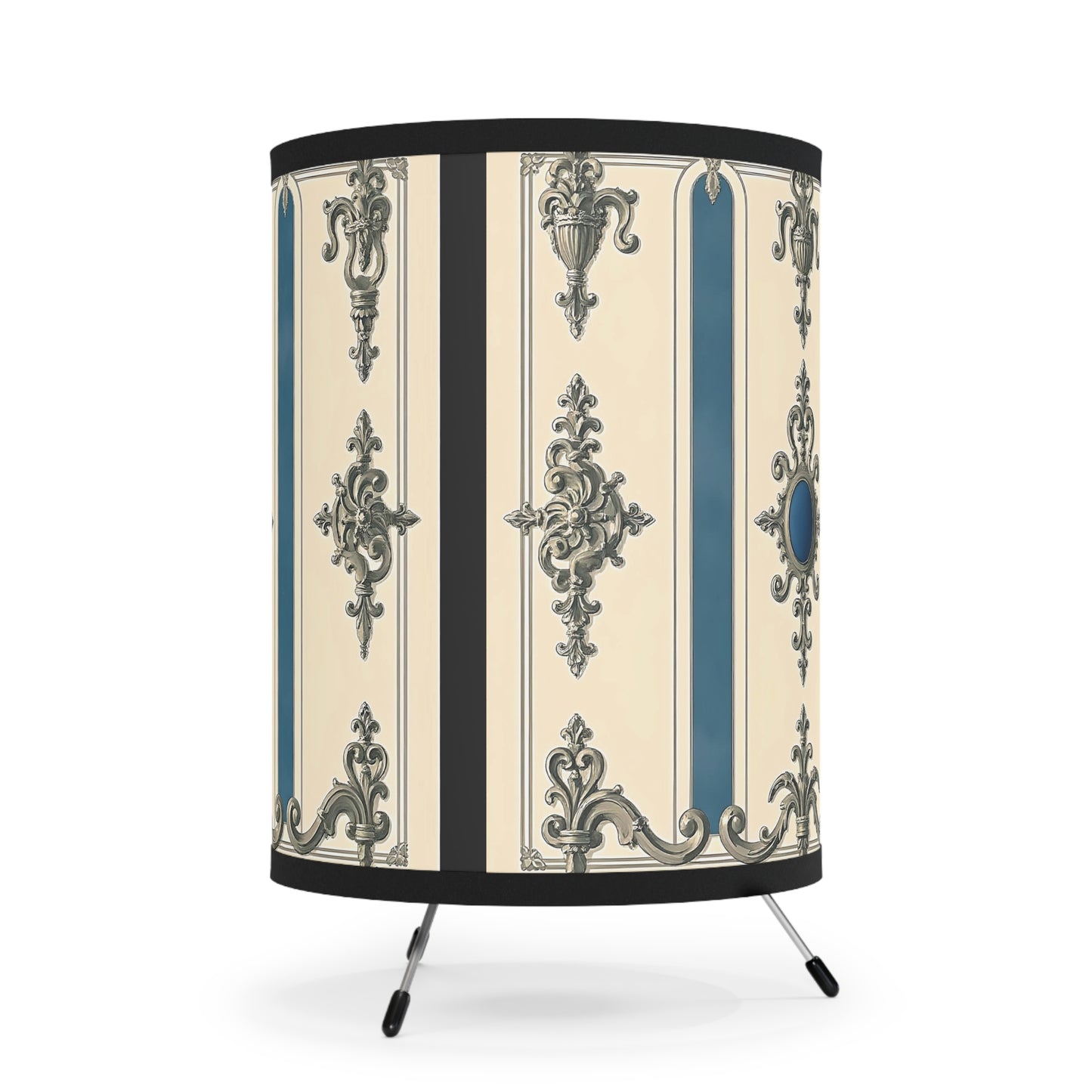 Elegant Tripod Lamp with Vintage Floral Design Shade - Alabaster & Ocean Blue Baroque