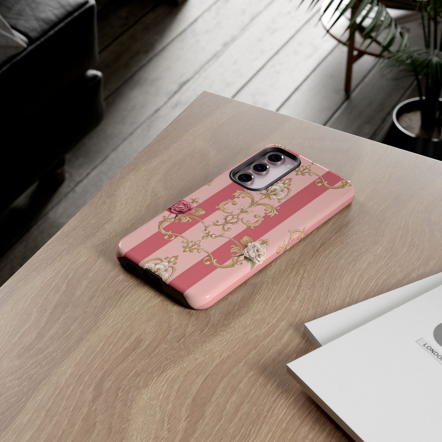 Elegant Floral Motif Phone Case - Tough Cases with Vintage Design - Pink Striped Roses & Damask