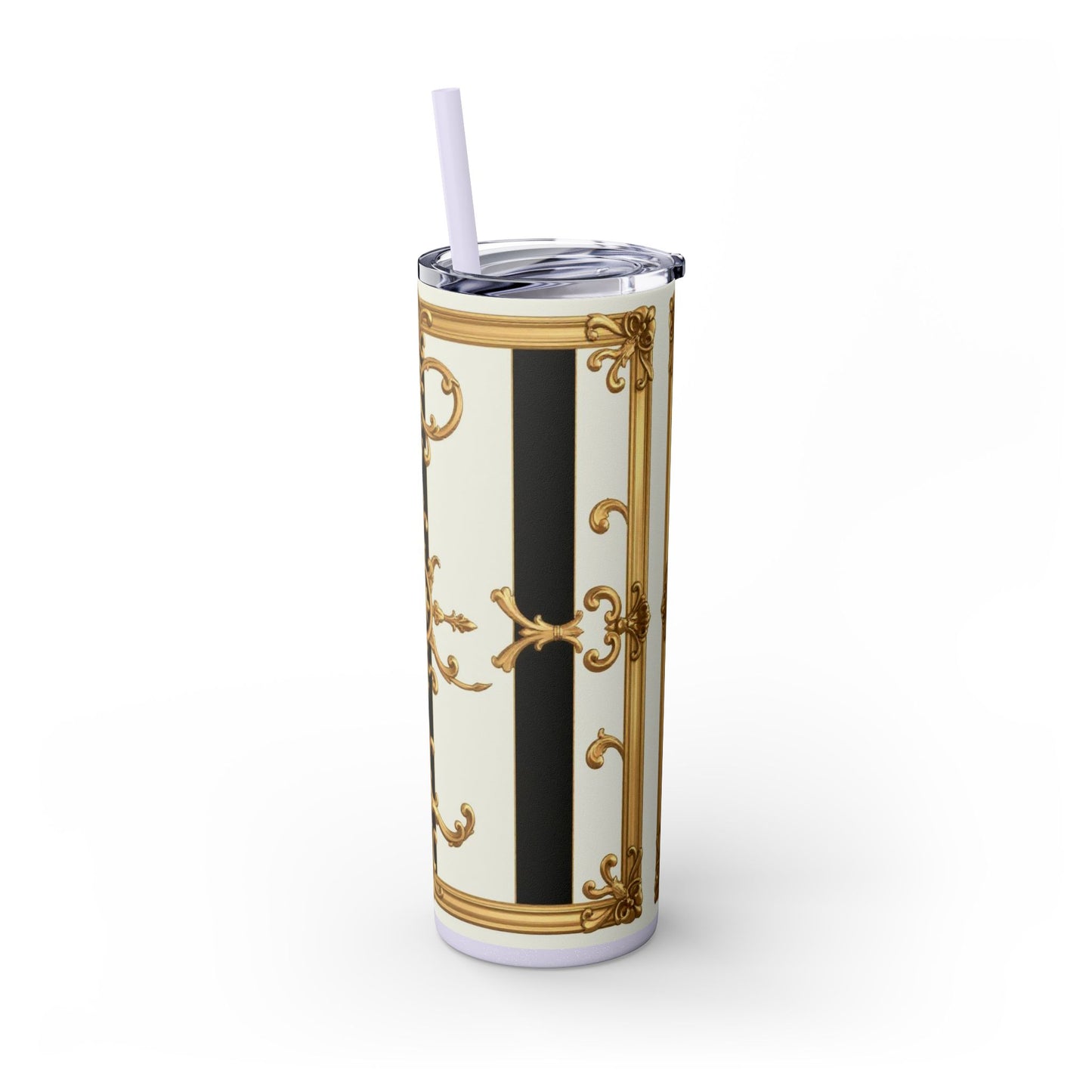 Elegant Gold Accents Skinny Tumbler, 20oz - Stylish Drinkware for Weddings, Parties, Gifts, or Everyday Use - Black & White Striped Gold Baroque