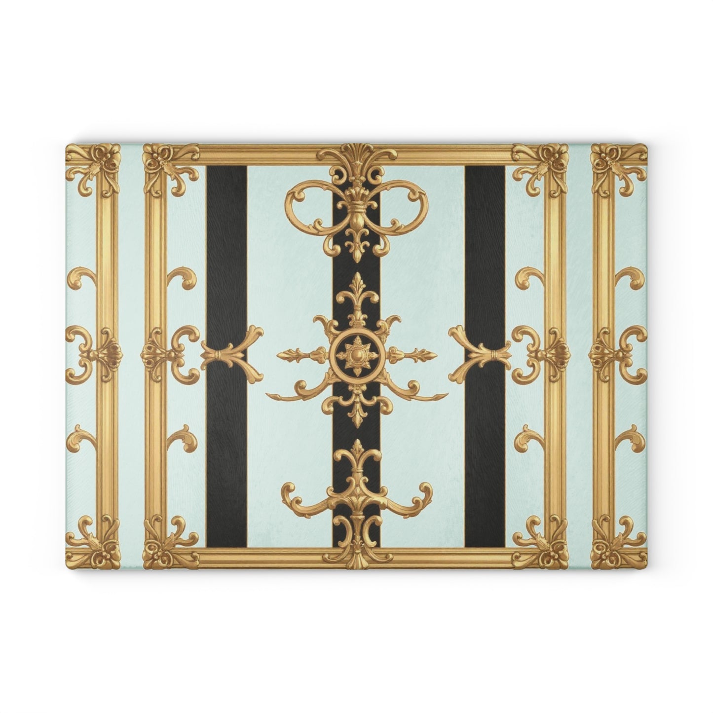 Elegant Glass Cutting Board, Chic Kitchen Decor, Housewarming Gift, Culinary Art, Unique Serving Tray - Black & White Striped Gold Baroque