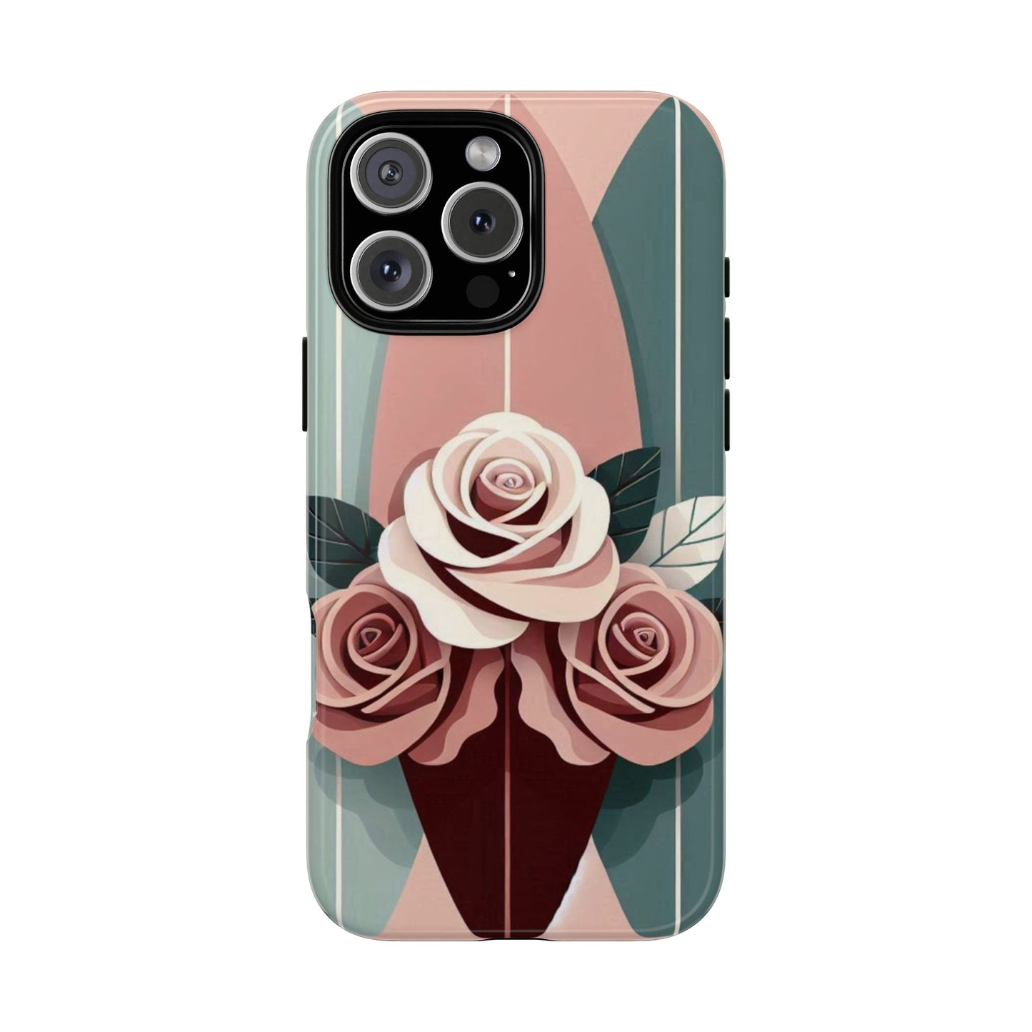 Phone Case - Burgundy, Matte Mauve & Teal Surfboard & Roses Design