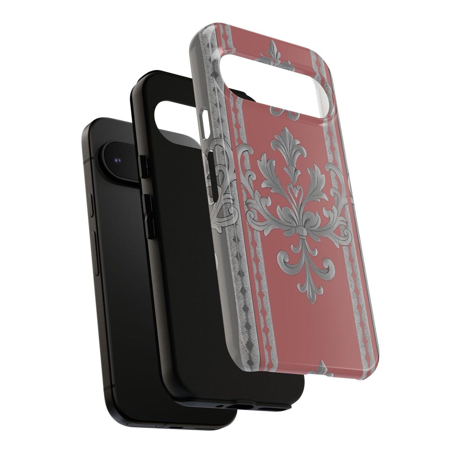 Elegant Floral Phone Case - Tough Cases for Stylish Protection - Gray & Mauve Striped Baroque