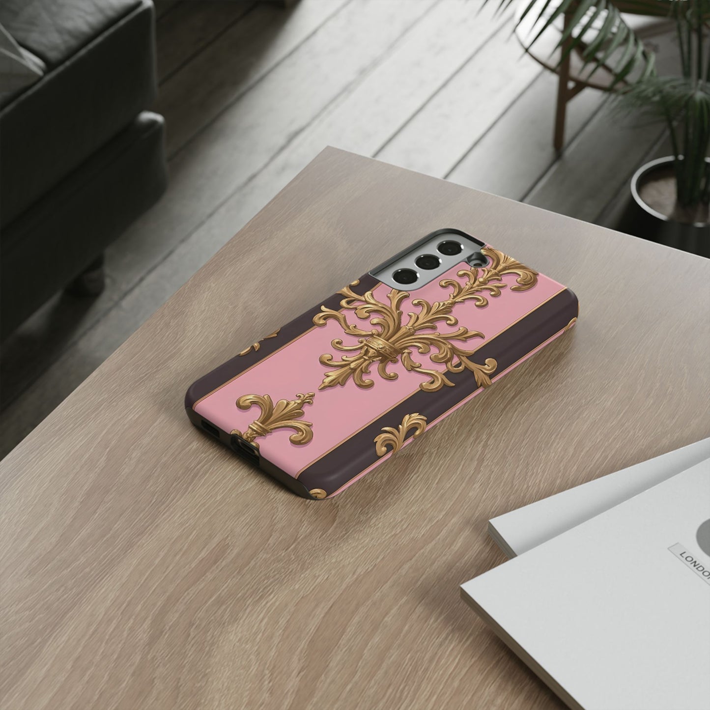 Elegant Floral Motif Phone Case - Tough Cases with Vintage Design - Pink & Brown Striped Gold Damask