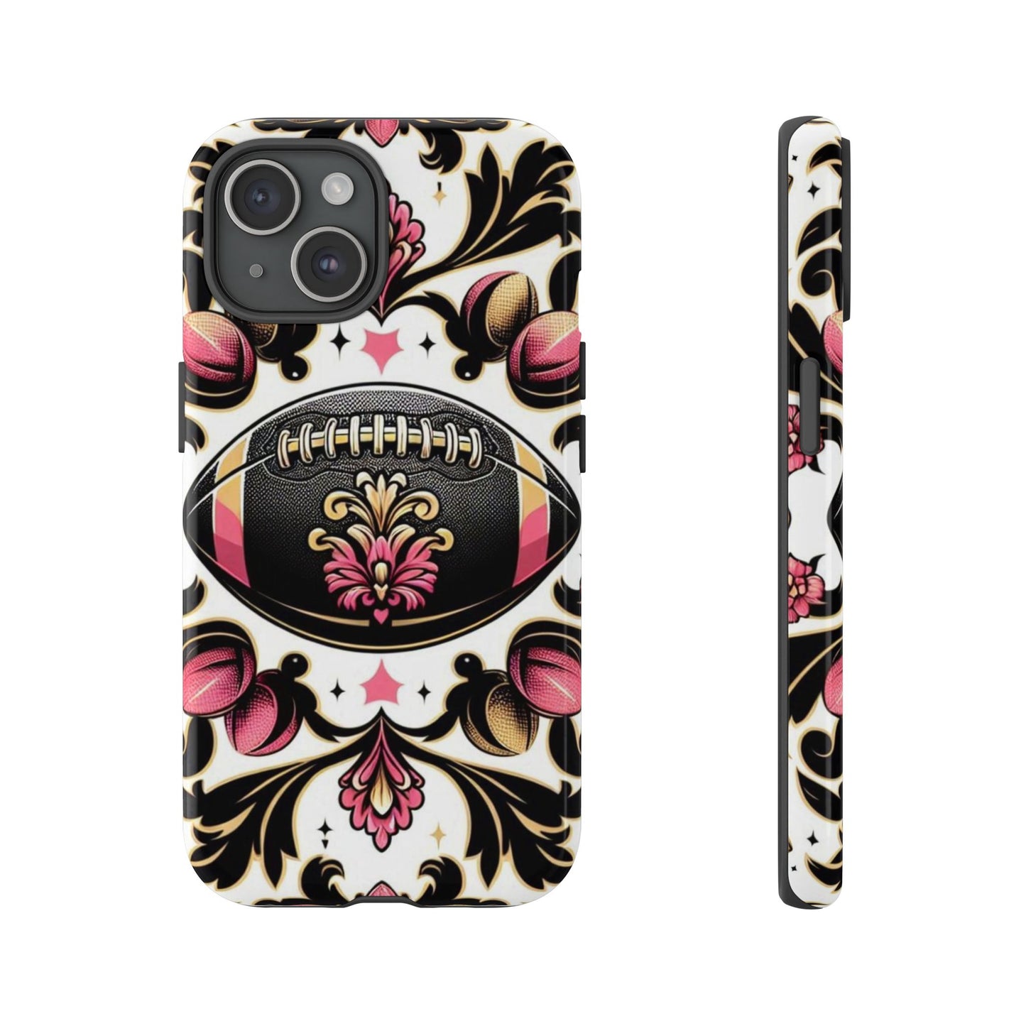 Elegant Floral Motif Phone Case - Tough Cases with Vintage Design - Damask White, Pink Gold & Black Football