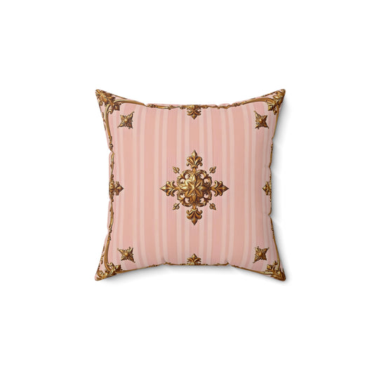 Elegant Faux Suede Decorative Pillow - Vintage Floral Design - Pink Striped Gold Baroque