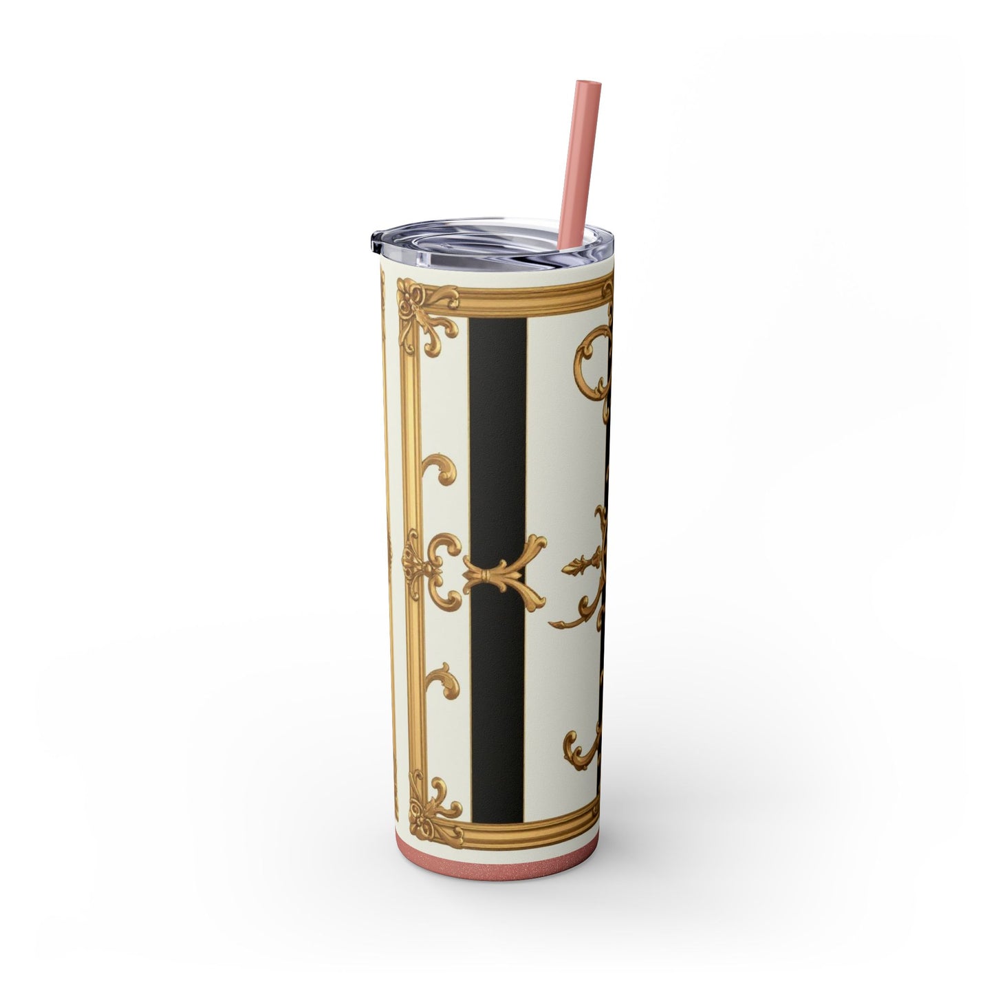 Elegant Gold Accents Skinny Tumbler, 20oz - Stylish Drinkware for Weddings, Parties, Gifts, or Everyday Use - Black & White Striped Gold Baroque