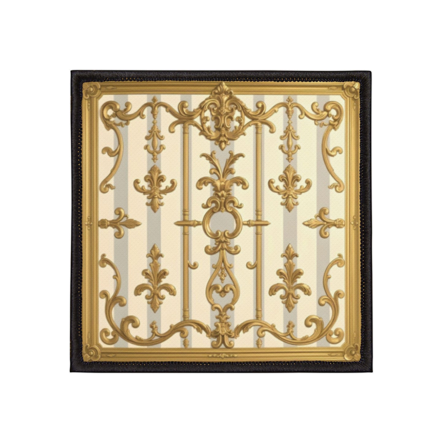 Vintage Chic Iron-On Patches, Customizable Fashion Accessories, Embellishments for Jackets, Bags - Matte Gray & Cream Striped Gold Baroque