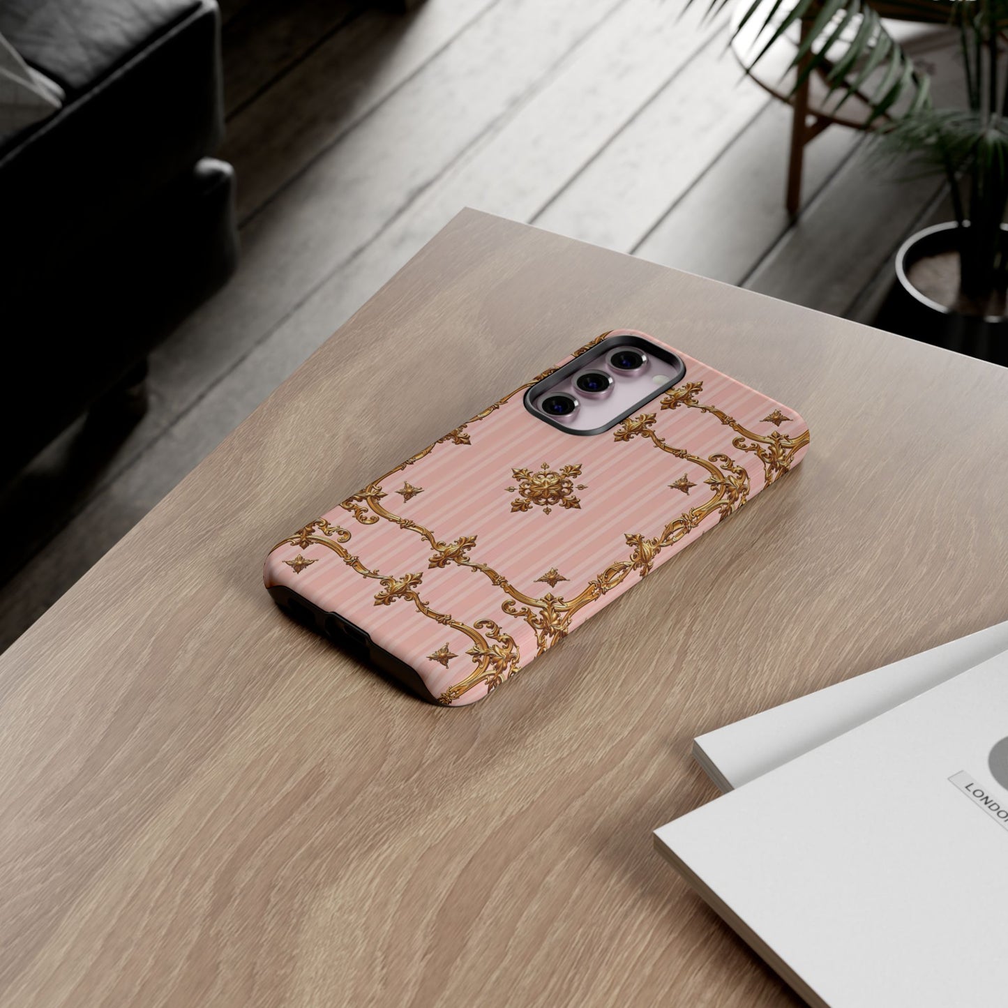 Elegant Floral Phone Case, Tough Cases for Women, Trendy Phone Cover, Chic Gift - Pink Striped Gold Baroque