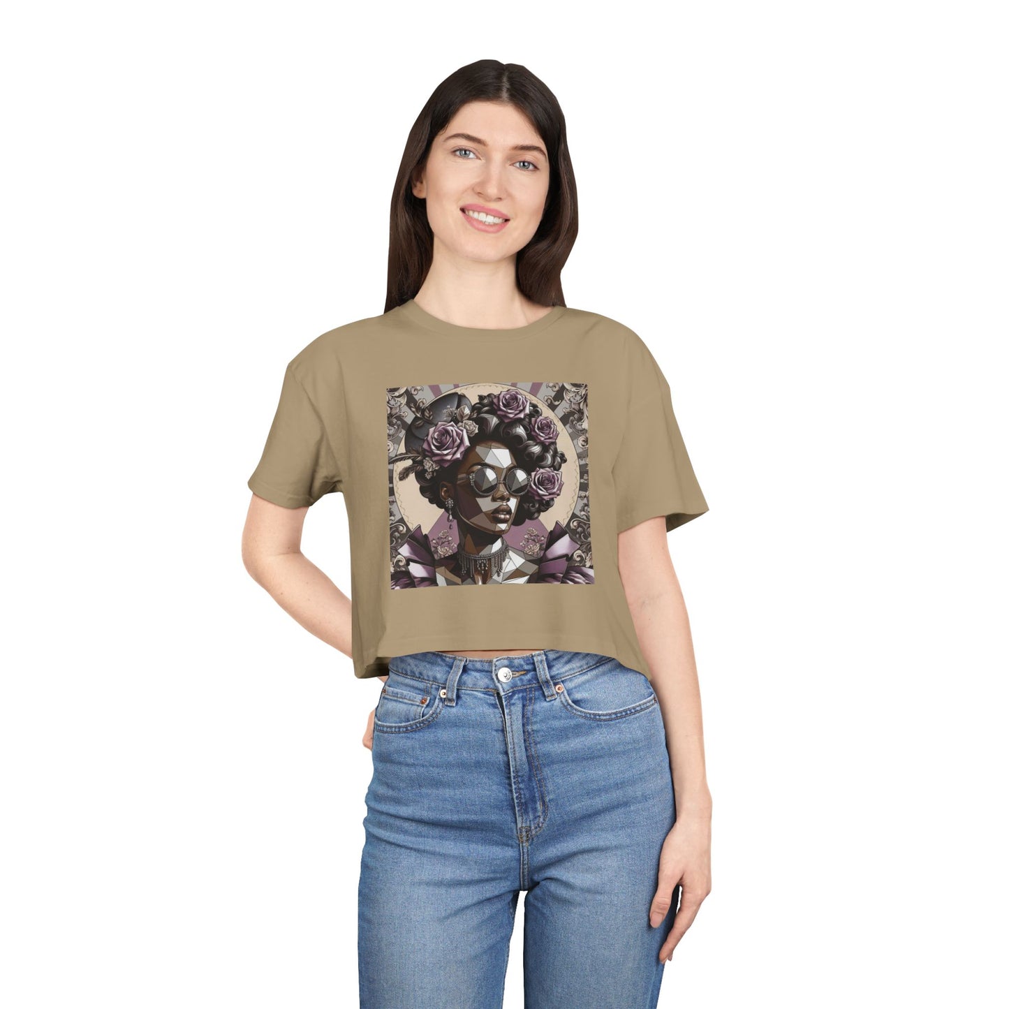 Poly Art Chic Women's Crop Tee - Floral Art Inspired Shirt, Casual Summer Wear, Festival Top, Vintage Style - Lilac Baroque Lady