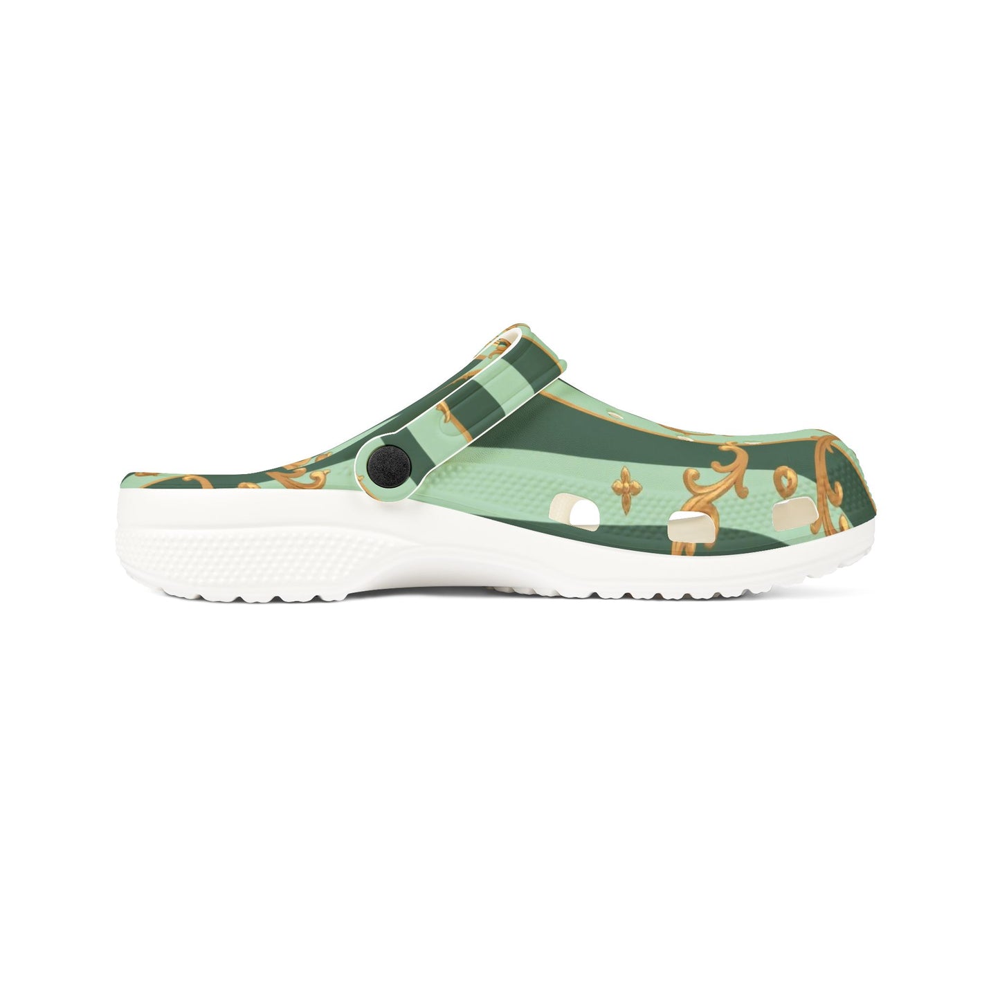 Elegant AOP EVA Foam Clogs - Stylish Garden-Inspired Footwear for Comfort & Trend, Unique Slip-Ons - Mint Green & Teal Striped Gold Baroque
