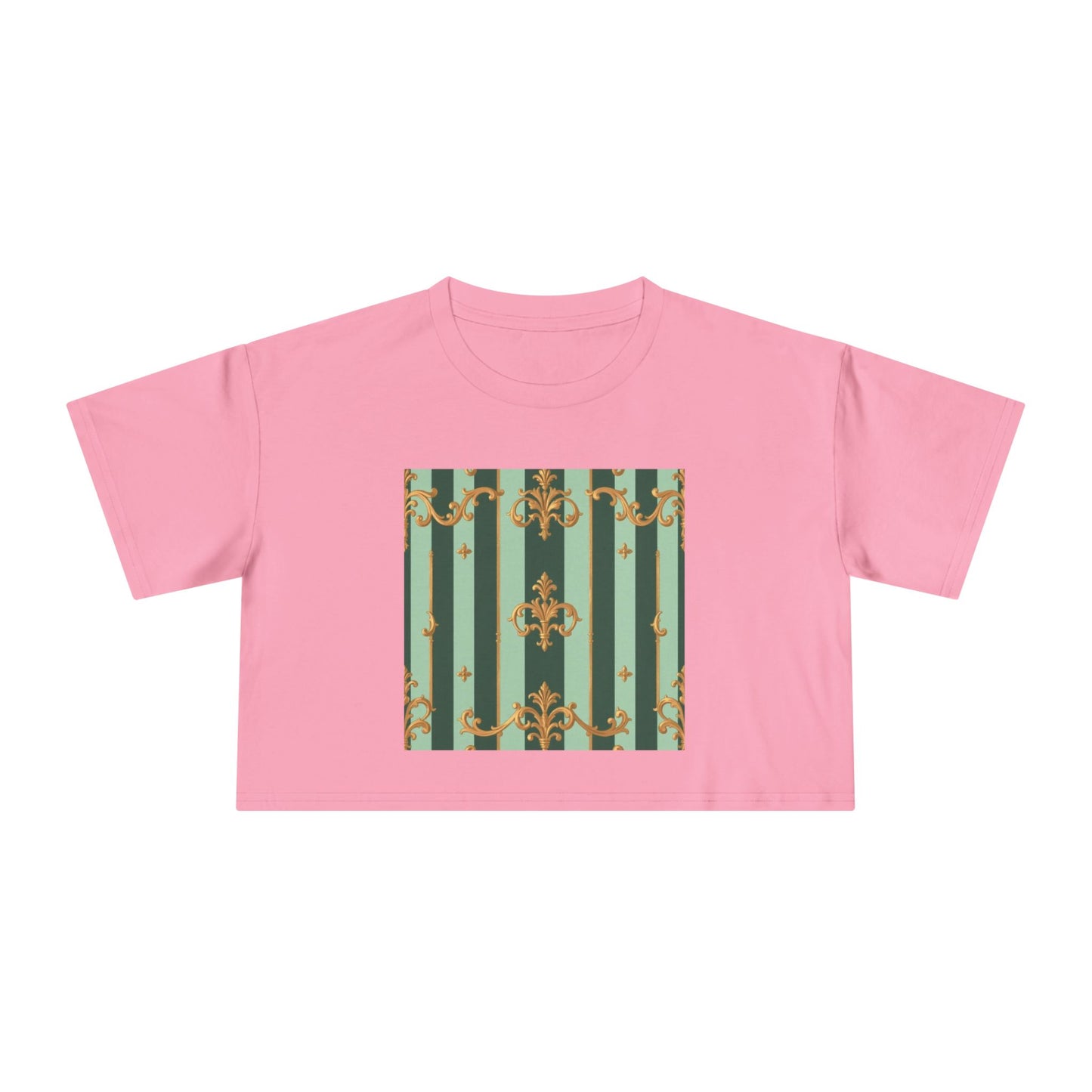 Chic Women's Crop Tee with Elegant Patterns, Fashion Top, Summer Style, Trendy Outfit, Gift for Her - Mint Green & Teal Striped Gold Baroque