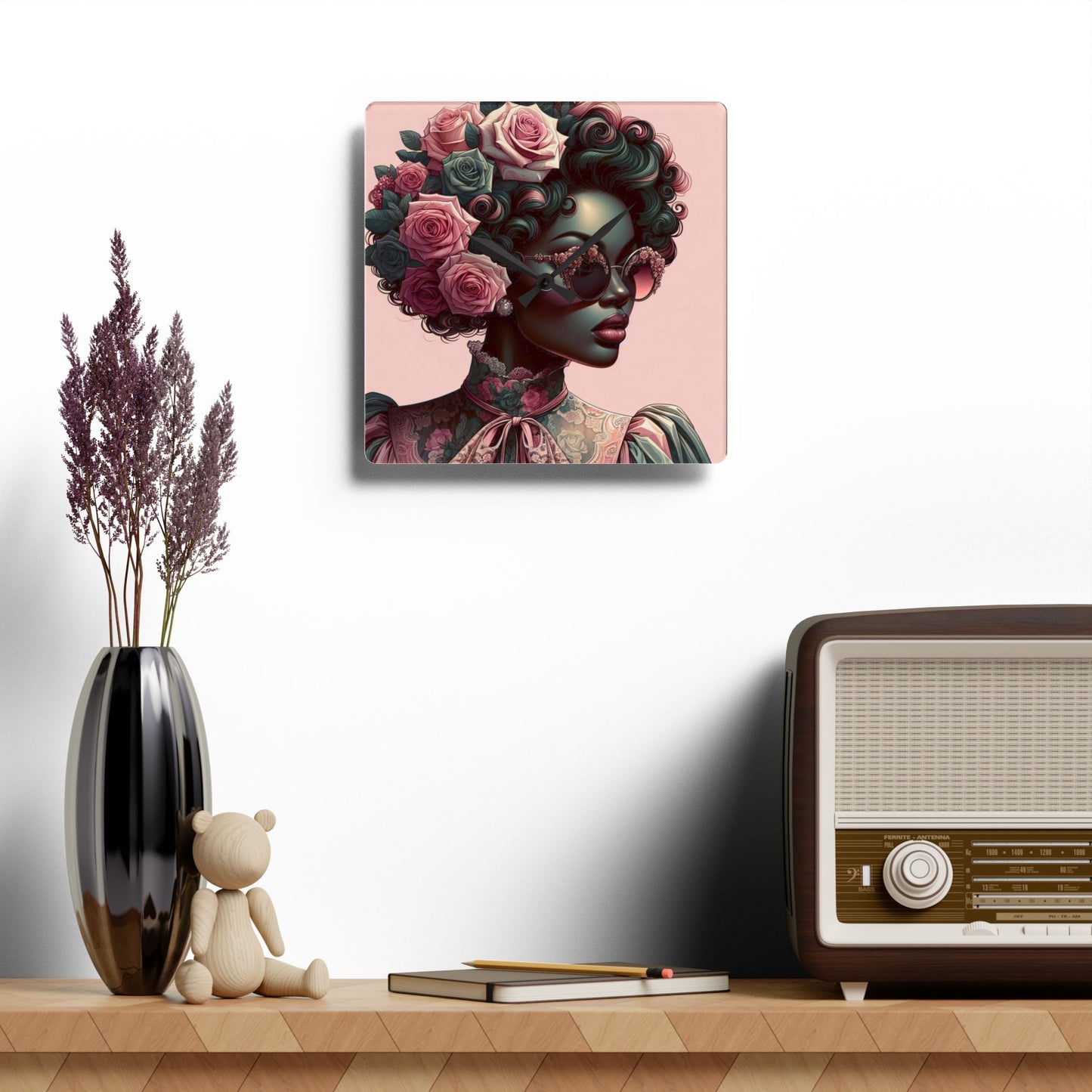 Chic Matte Teal Woman & Baroque Acrylic Wall Clock – Stylish Home Decor, Art Piece, Gift for Her, Boho Wall Art, Unique Gift Idea
