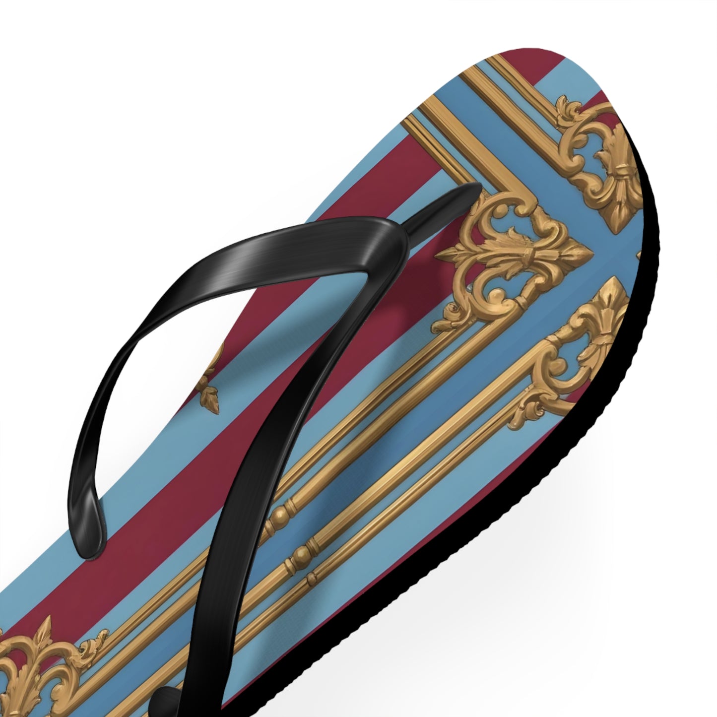 Ornate Design Flip Flops, Elegant Summer Sandals, Beach Vacation Footwear, Perfect for Weddings - Sky Blue & Maroon Striped Baroque