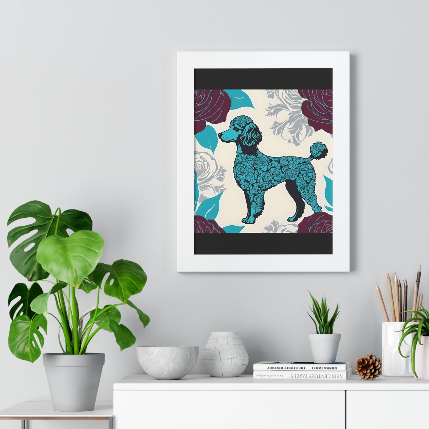 Vertical Poster - Stylish Framed - Art for Home Decor - Rose Inspired Turquoise Poodle With Burgundy Roses