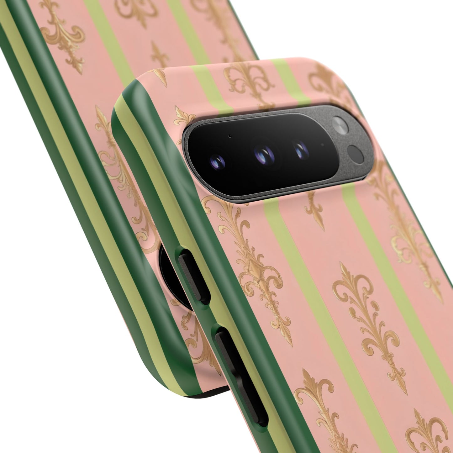 Elegant Floral Motif Phone Case - Tough Cases with Vintage Design - Lime Green & Pink Striped Damask