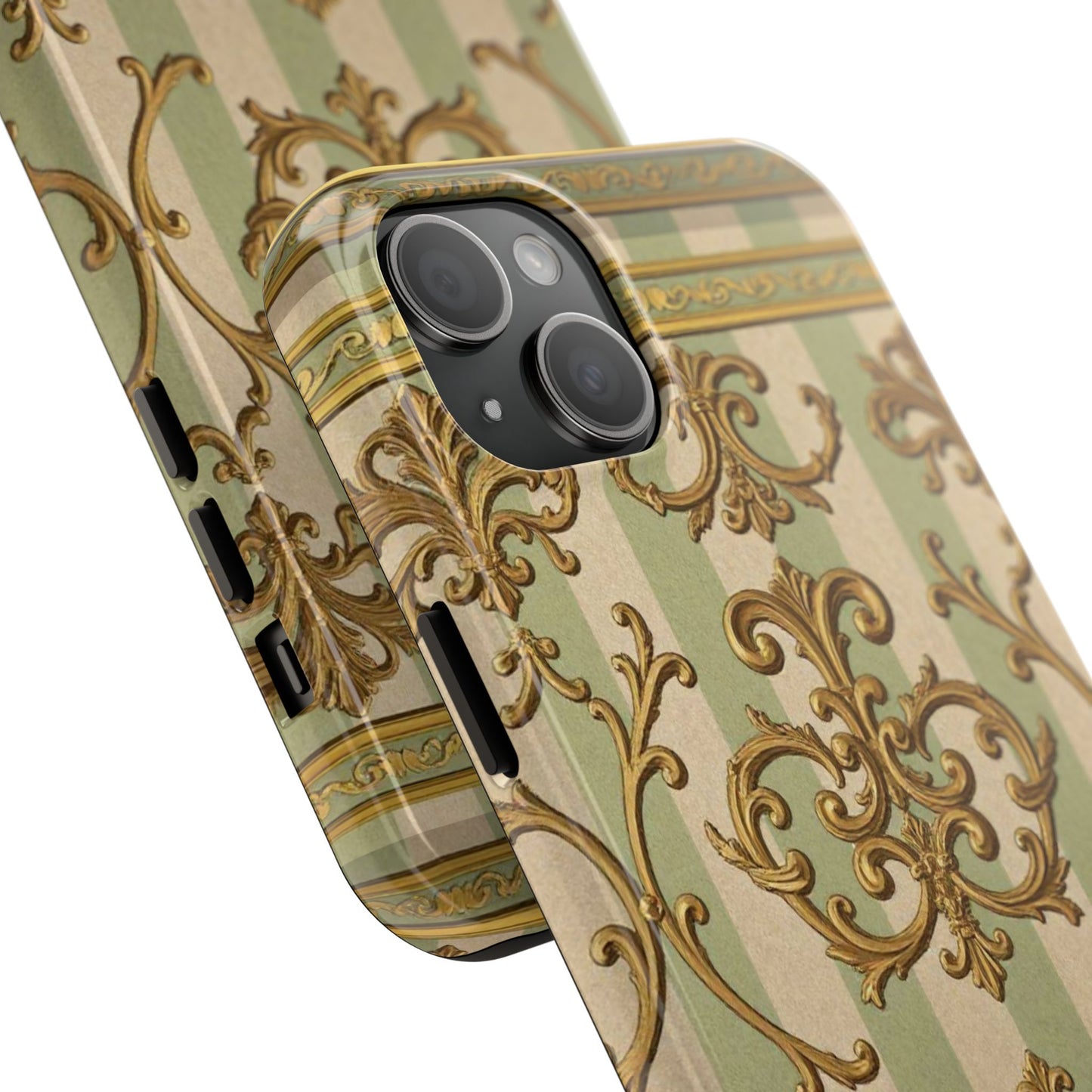 Vintage Elegance Phone Case, Tough Phone Cases for Style, Gift for Birthdays, Stylish Protection - Mint Green & Beige Striped Gold Baroque