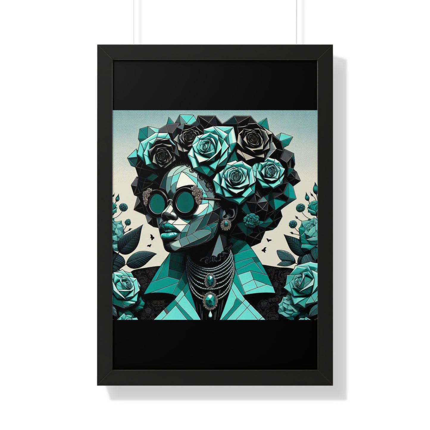 Framed Art Poster, Bohemian Home Decor, Wall Art for Living Room, Gift for Art Lovers, Unique Framed Wall Decor - Turquoise & Black Roses Lady