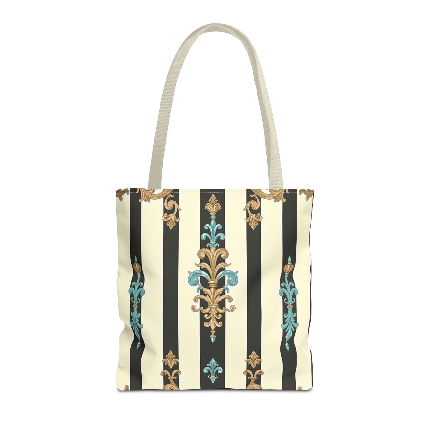 Elegant Stripe Pattern Tote Bag | Fashionable Reusable Shopping Tote, Eco-Friendly Gift Bag - Black Striped Turquoise & Black Rococo