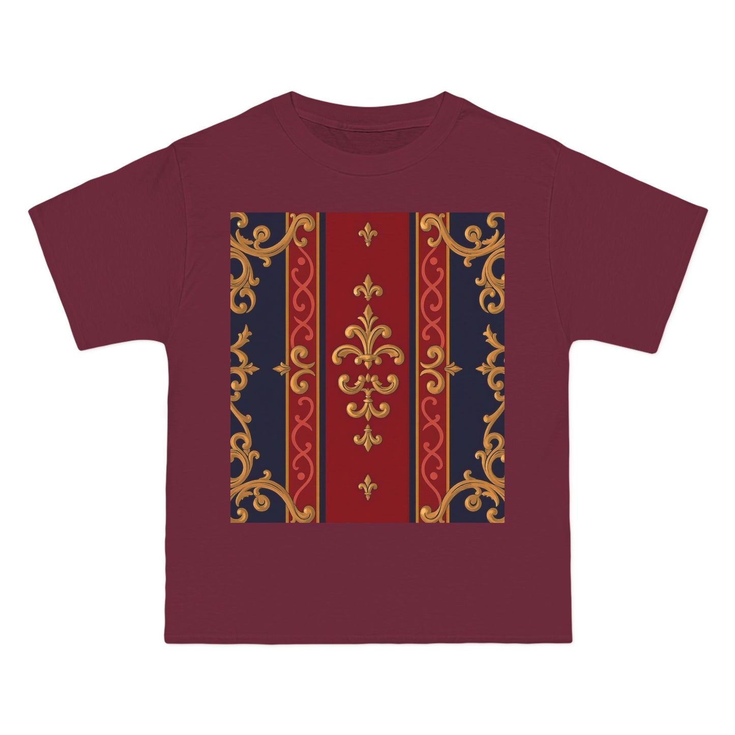 Elegant Patterned Short-Sleeve T-Shirt, Stylish Tee, Vintage Design Top, Casual Wear, Fashionable Gift - Midnight Blue & Dusk Red Gold Baroque