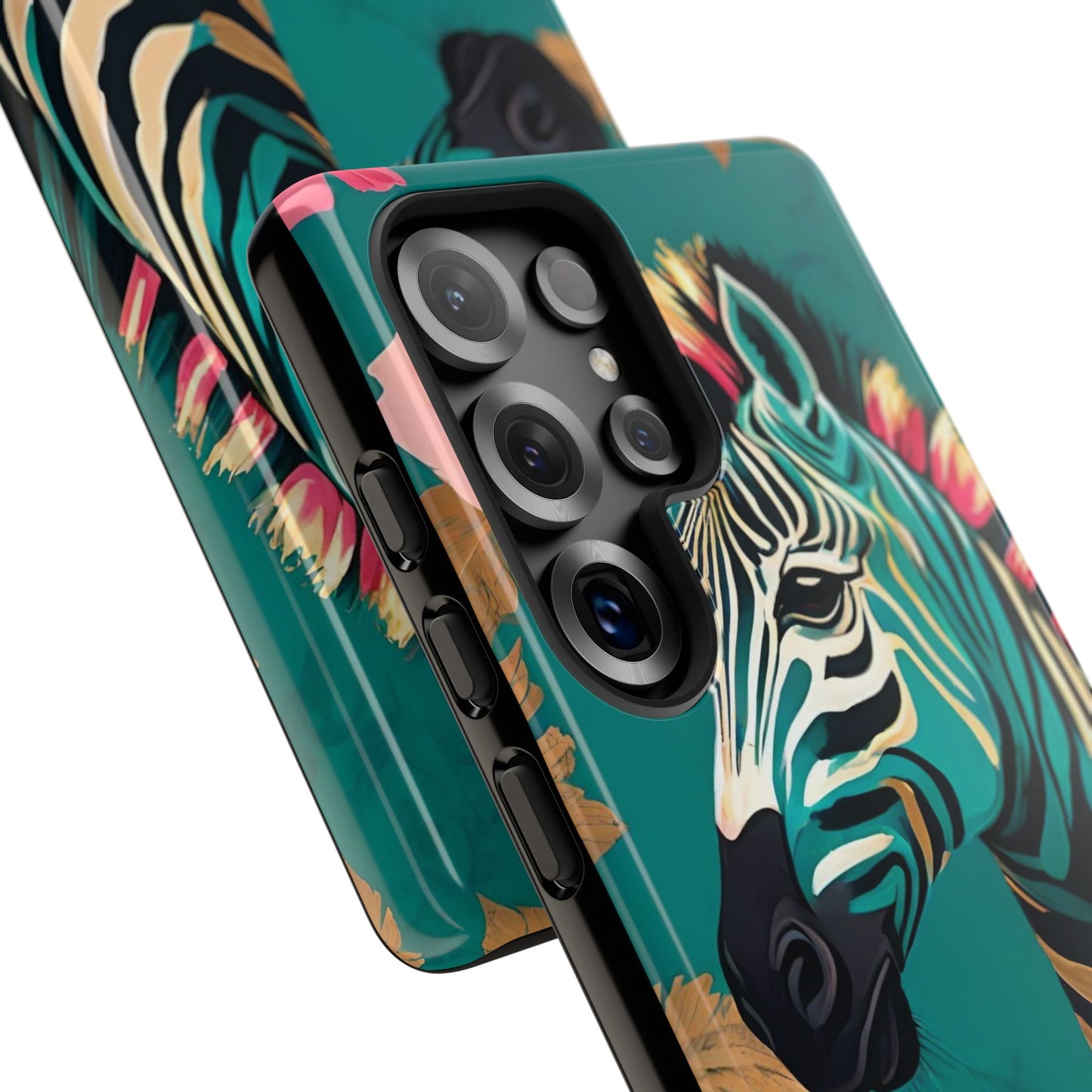 Phone Case - Elegant Teal & Gold Zebra & Roses Design