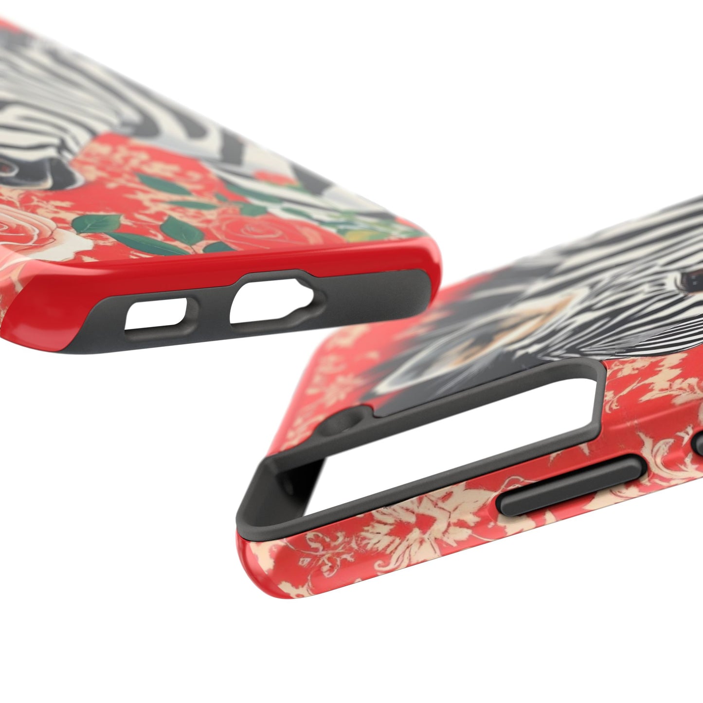 Zebra Tough Phone Case - Trendy Floral Design for Animal Lovers - Zebra With Coral Roses & Damask