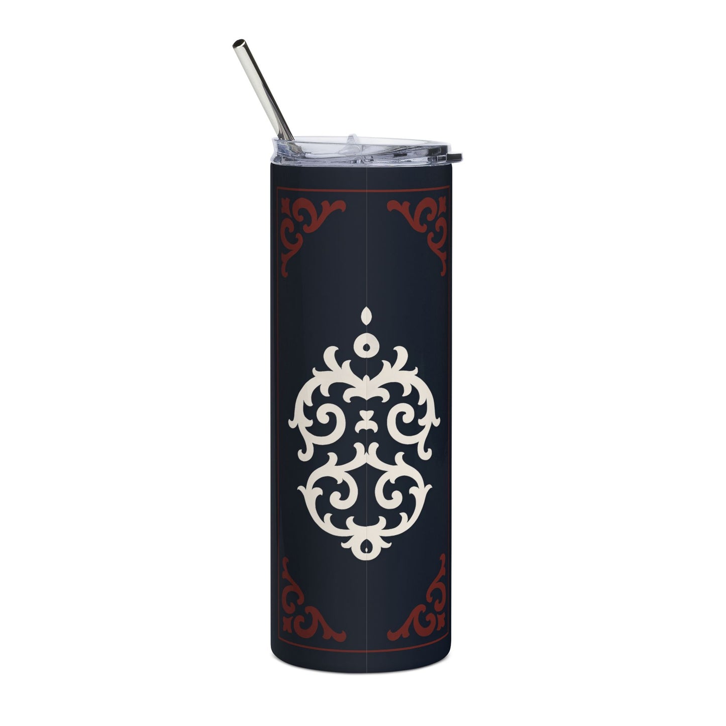 Dusk Blue-Maroon & White Baroque 20oz Stainless Tumbler — Elegant Baroque Dusk Blue & White Insulated Travel Cup