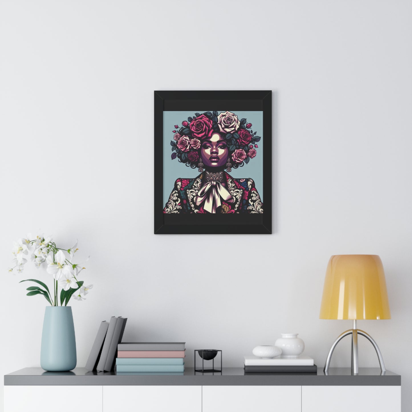 Vertical Poster -  Lady In Damask Suit & Roses Wall Art