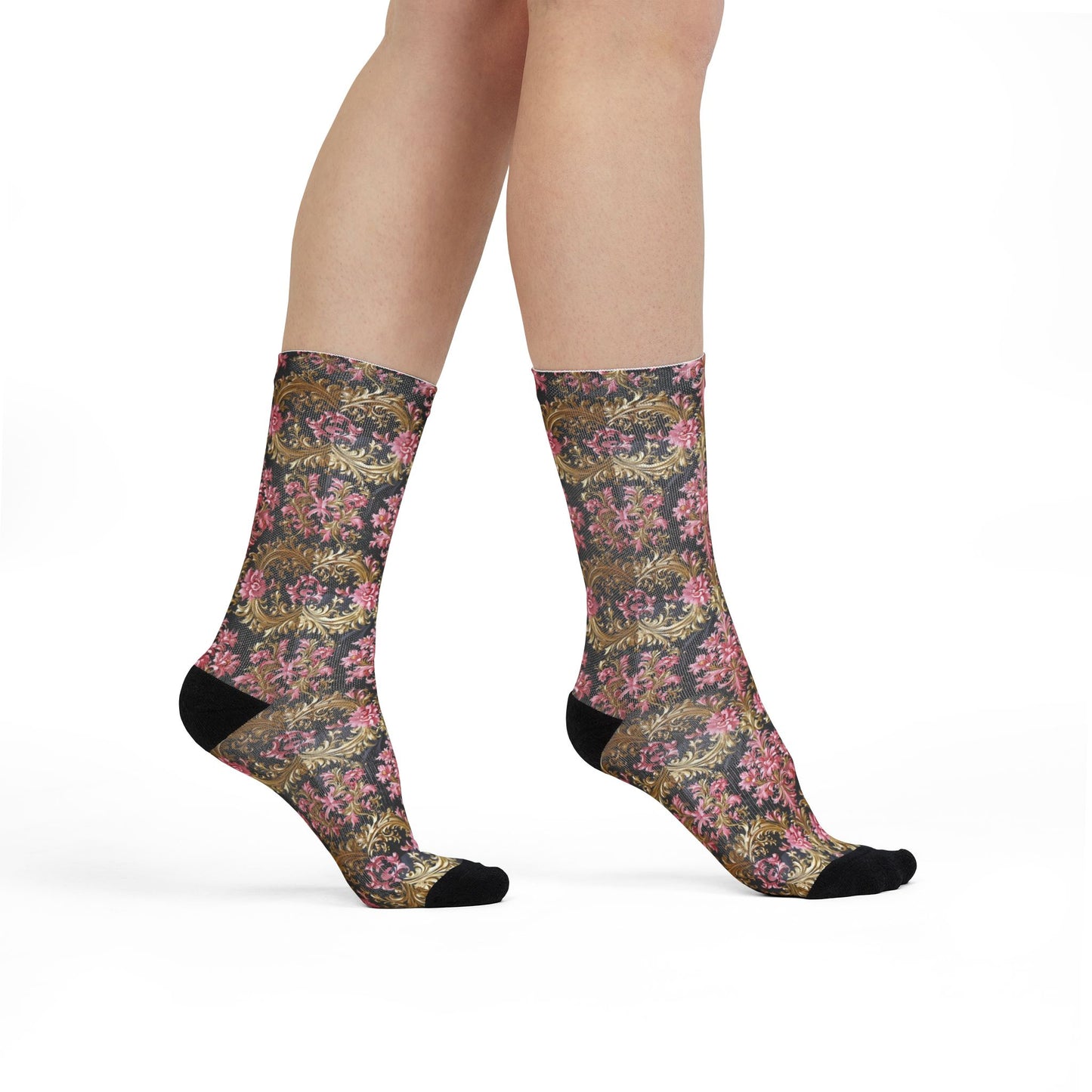 Floral Pattern Crew Socks - Vibrant Colorful Socks, Fun Gift for Her, Stylish Accessories - Black & Pink Oil Painting Style Rococo