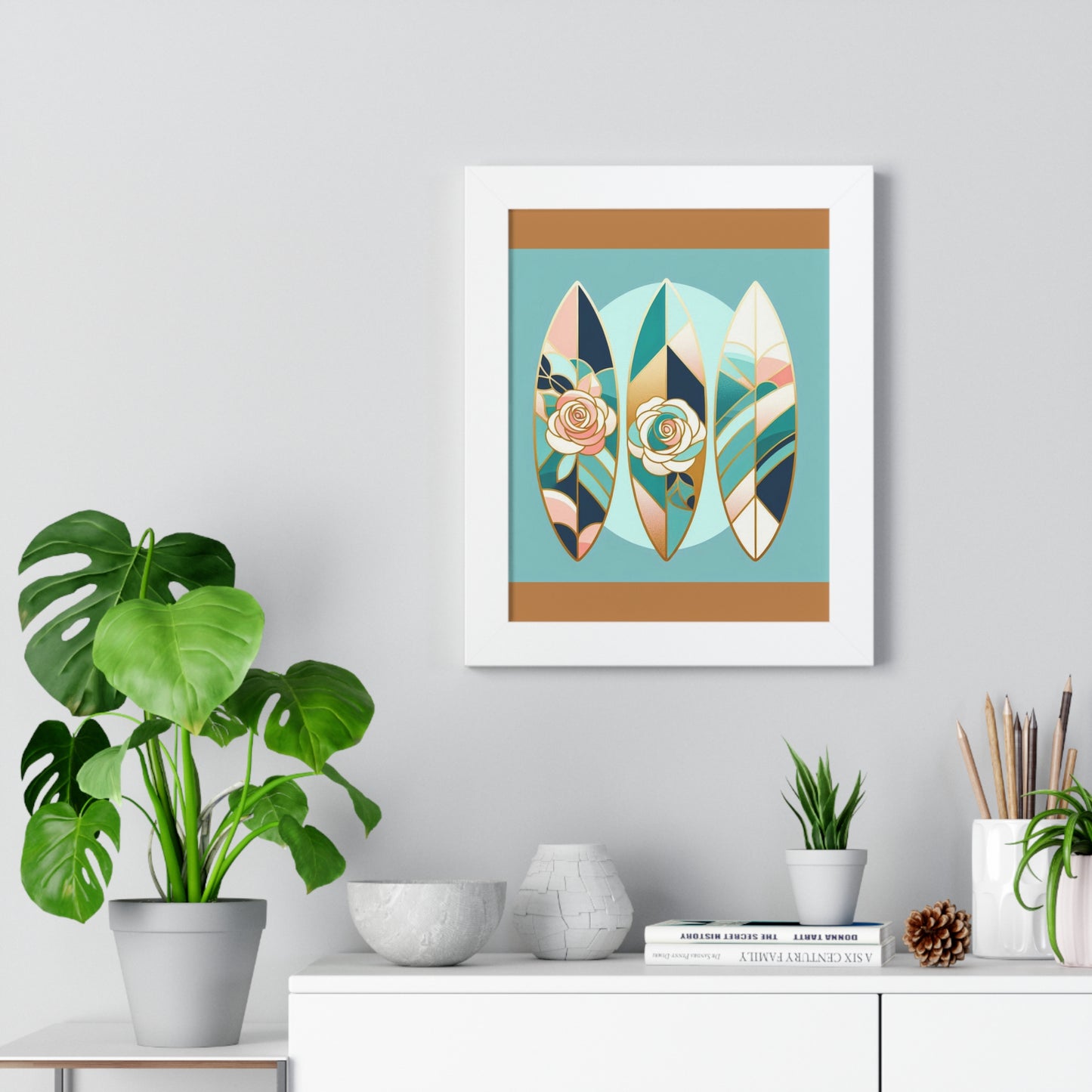 Vertical Poster - Blue, Pink & Aqua Surfboard & Roses Wall Art