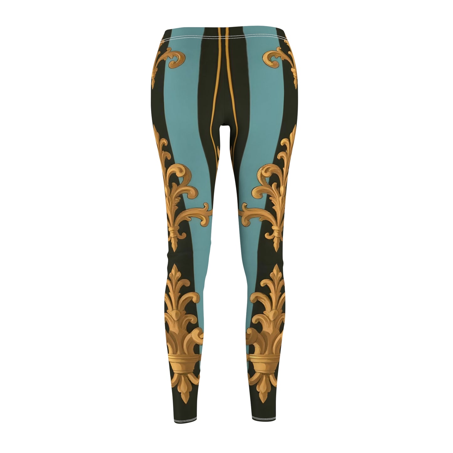 Chic Bohemian Print Leggings for Women, Casual Workout Leggings, Fashionable Yoga Pants - Black & Turquoise Striped Baroque