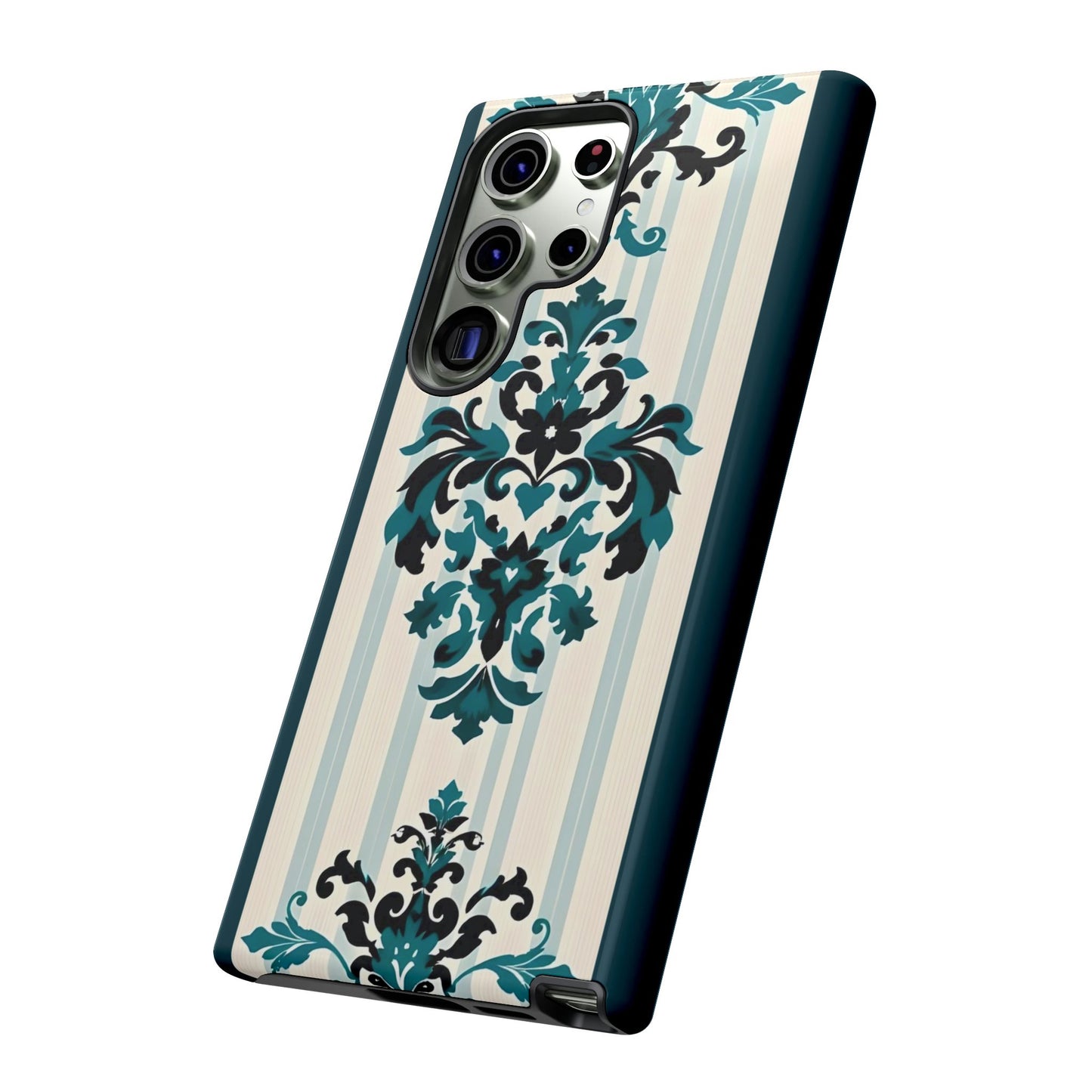 Elegant Floral Phone Case - Tough Cases with Vintage Design - Teal Striped Damask