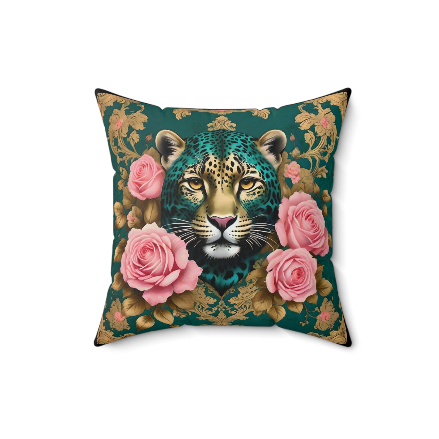 Floral Leopard Print Pillow, Decorative Cushion for Living Room - Teal Leopard