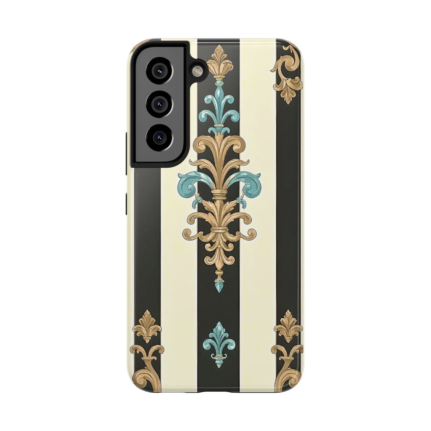 Elegant Vintage Tough Phone Cases, Stylish Phone Accessories, Quality Protection, Gifts for Her - Black Striped Turquoise & Black Rococo