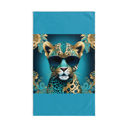 Hand Towel - Luxurious Ornate Elegant Aqua & Gold Leopard In Sunglasses Design - Elegant Home Décor