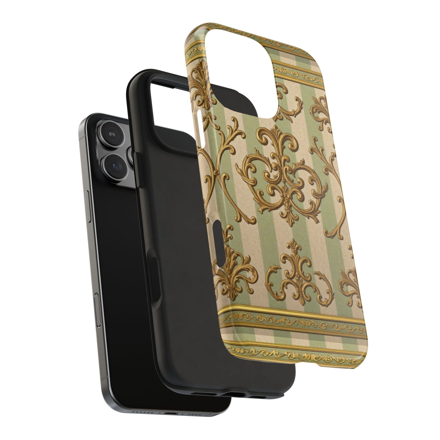 Vintage Elegance Phone Case, Tough Phone Cases for Style, Gift for Birthdays, Stylish Protection - Mint Green & Beige Striped Gold Baroque